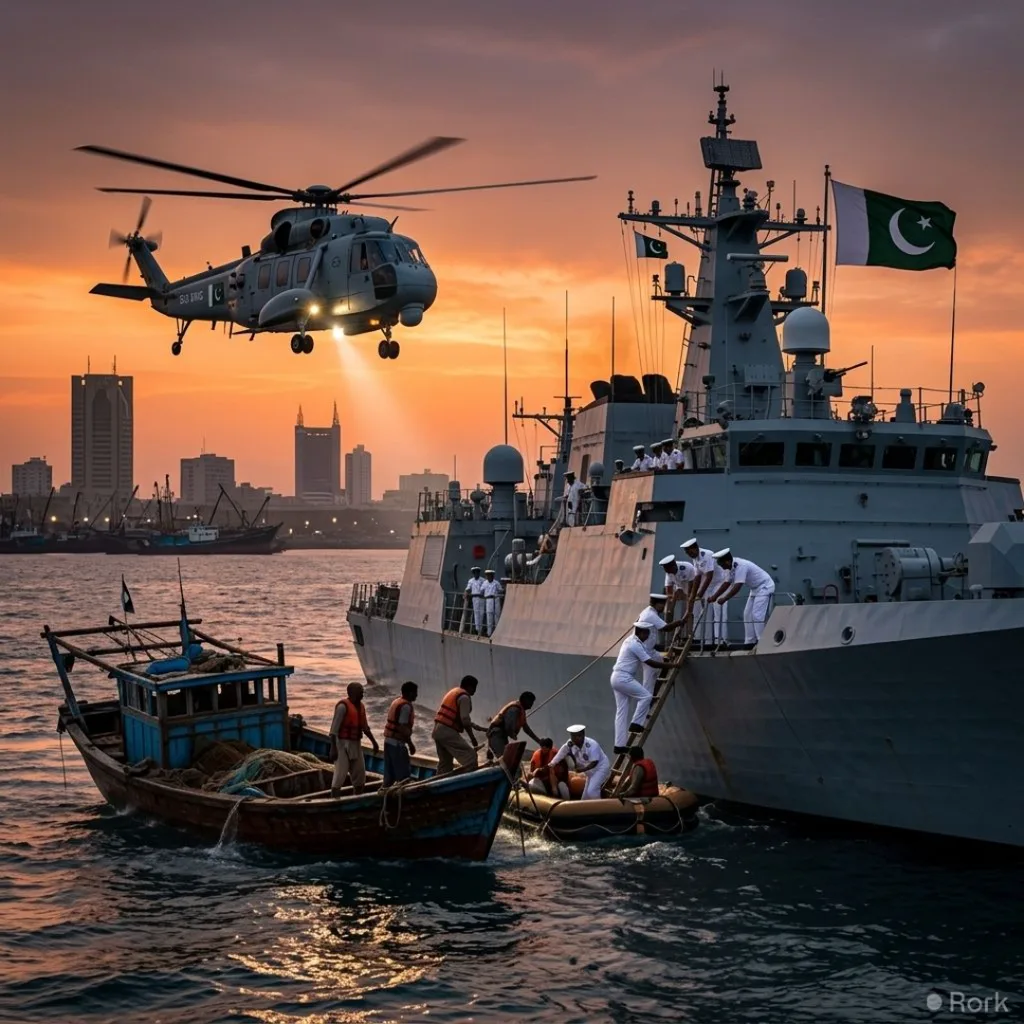 AI-generated illustration: Pakistan Navy Saves 19 Crew Members From Damaged Fishing Vessel