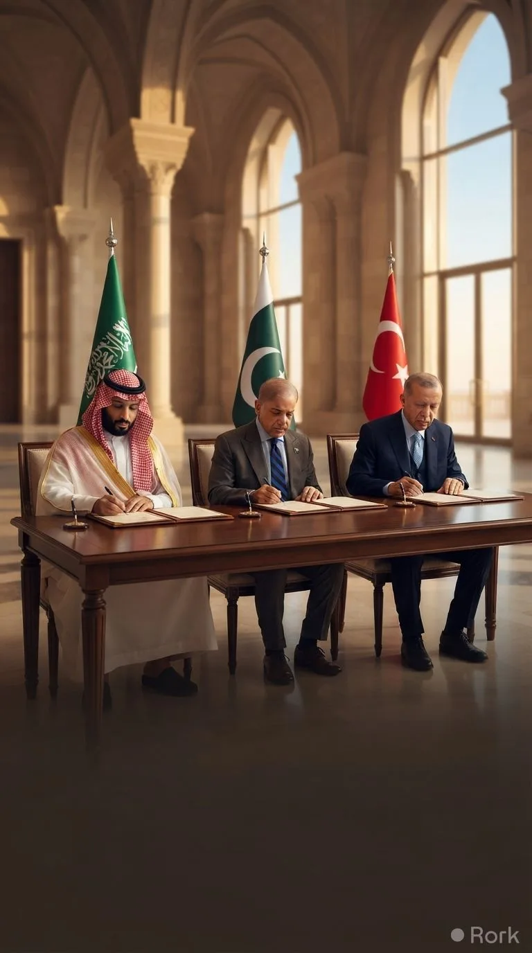 AI-generated illustration: Pakistan, Saudi Arabia, Turkey Sign 3‑Country Defence Pact Riyadh