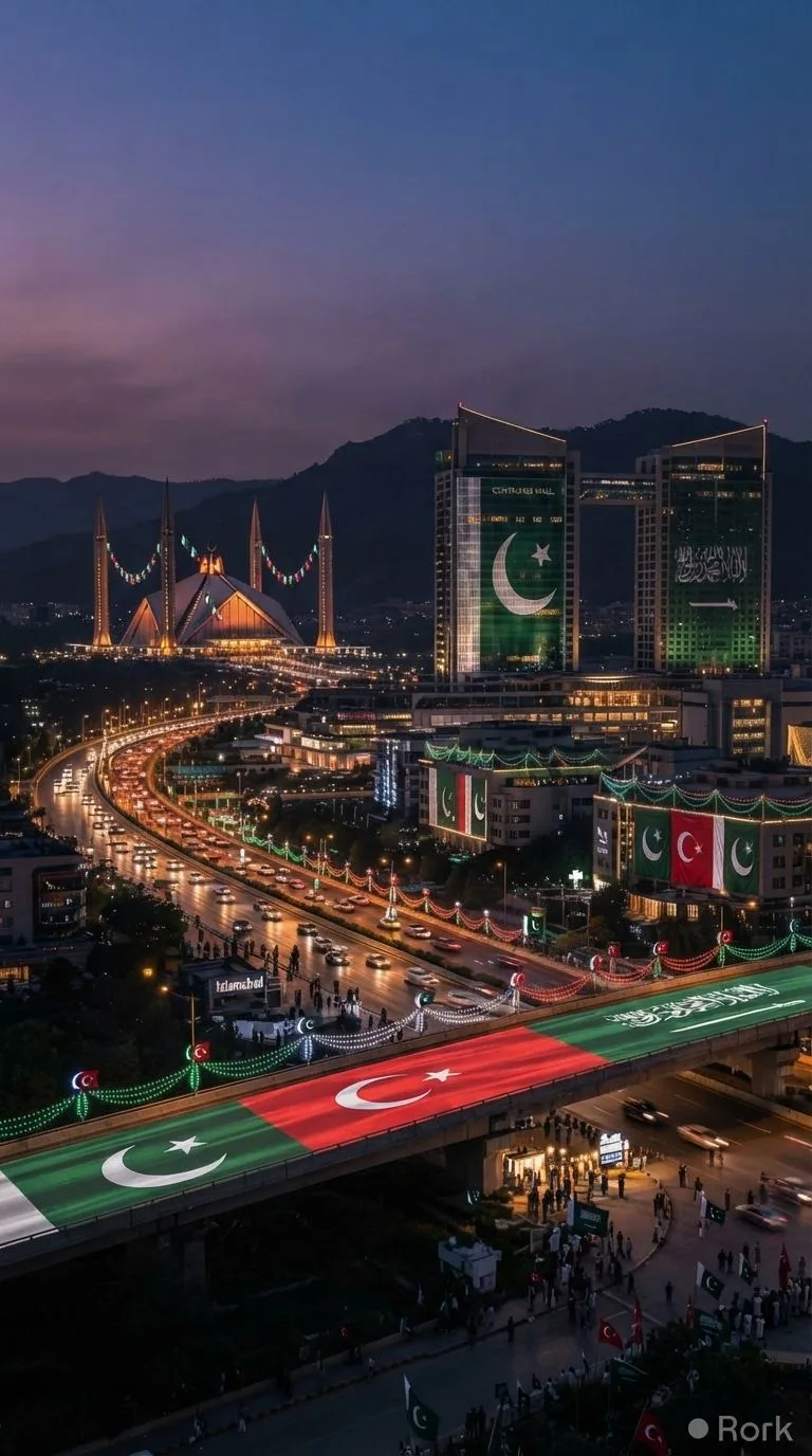 AI-generated illustration: Islamabad Shines with Pakistan, Turkey, Saudi Flags After Pact