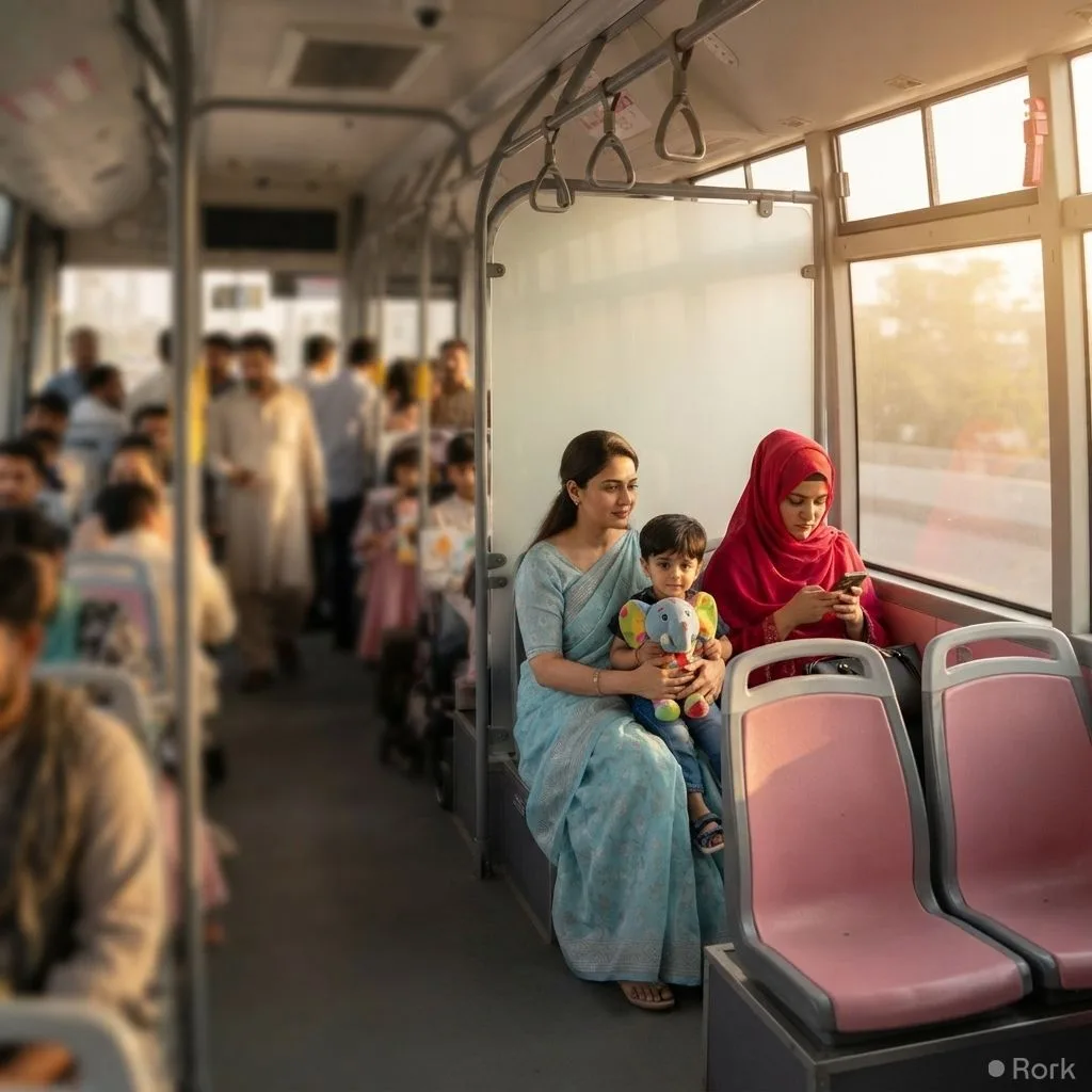 AI-generated illustration: Rawalpindi‑Islamabad Metrobus Adds Dedicated Section for Women and Children.