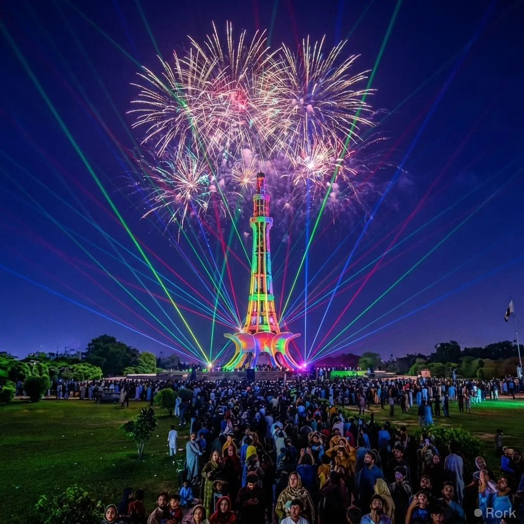 AI-generated illustration: Minar-e-Pakistan Illuminated with Laser Light Show for Independence Day