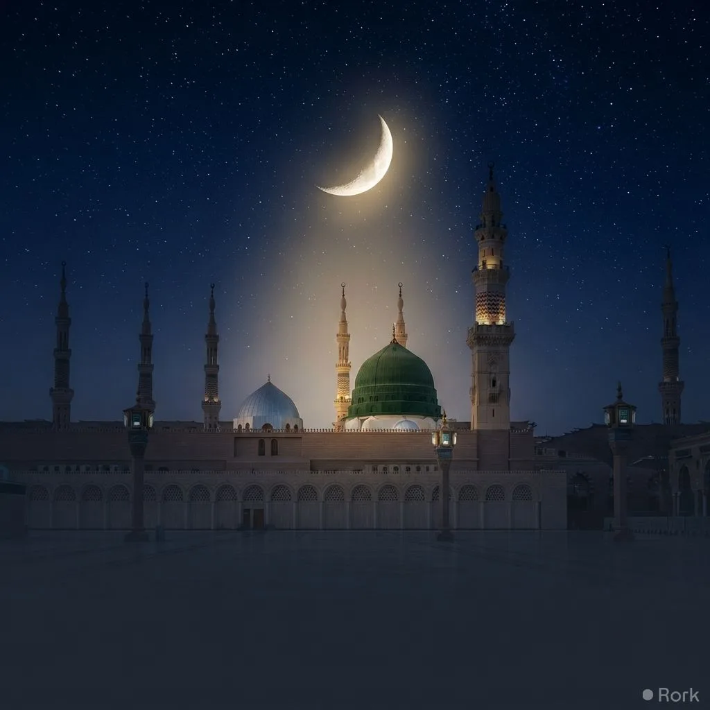 AI-generated illustration: Crescent Moon Shines Above Green Dome of Prophet’s Mosque, Mesmerizing Worldwide Audience