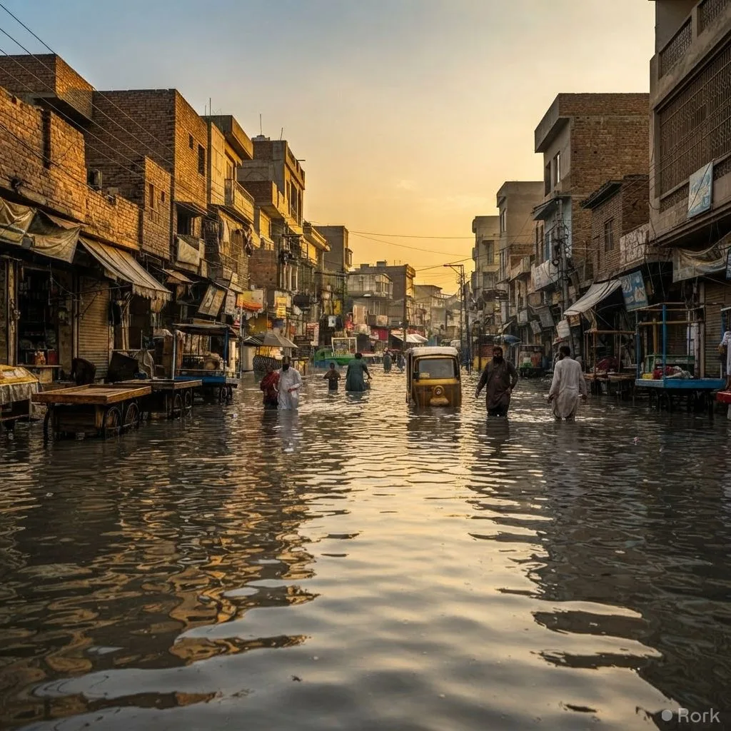 AI-generated illustration: Rawalpindi’s Newly Revamped Raja Bazaar Flooded by Heavy Monsoon Rains