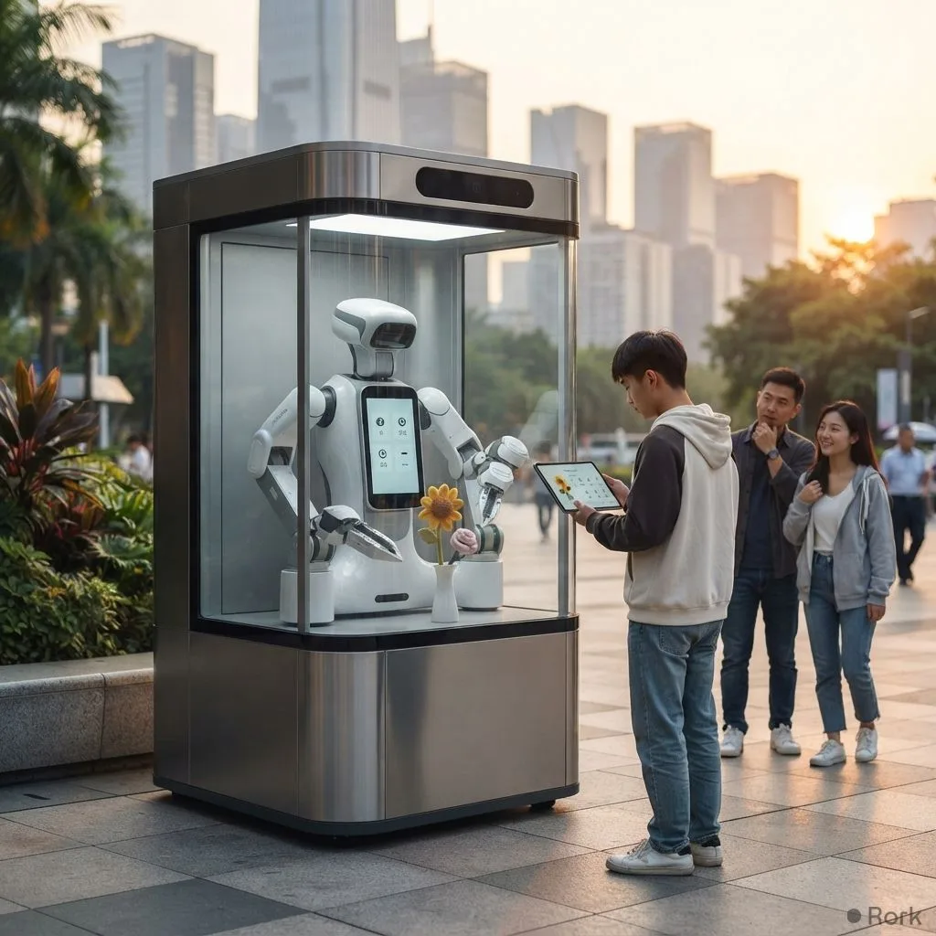 AI-generated illustration: Humanoid robot rentals in China now cost RMB 2,000–3,000 daily after 60% price drop