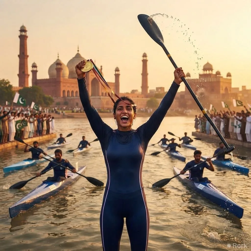 AI-generated illustration: Pakistan Navy Wins Eight Gold Medals at Lahore Independence Day Canoeing Championship