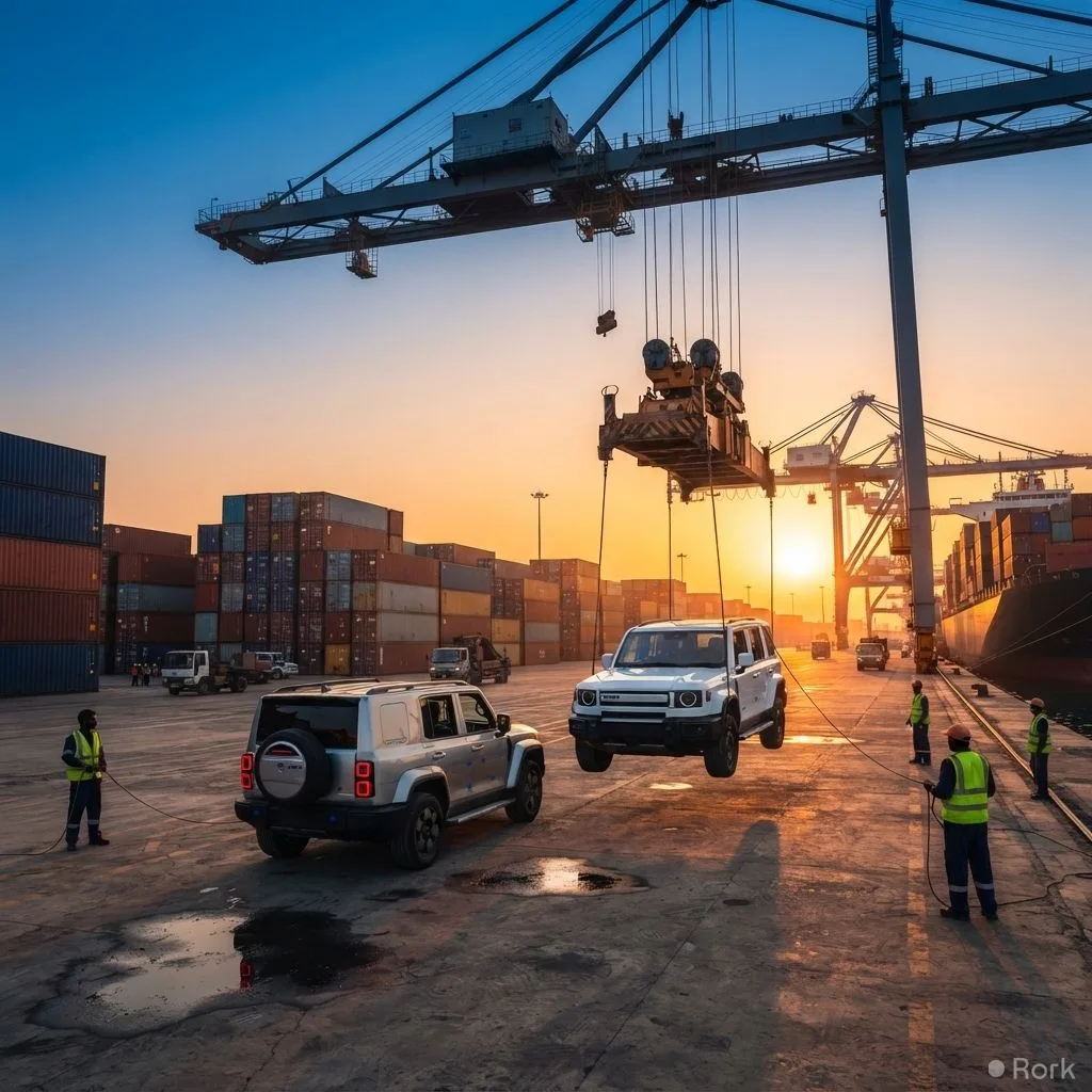 AI-generated illustration: iCAUR unloads V23 and V27 SUVs from containers at Karachi port