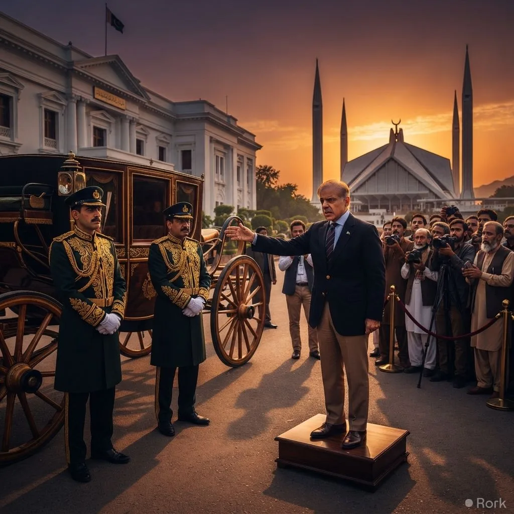 AI-generated illustration: PM Shehbaz Orders End to VIP Privileges After Officials' Horse-Drawn Buggy Ride.