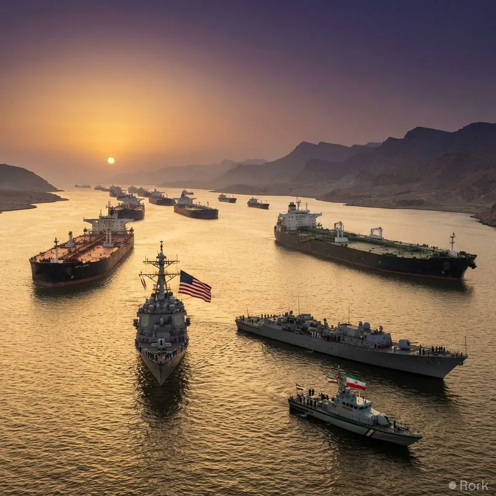 AI-generated illustration: US sanctions Iranian trade partners as Iran permits Iraqi tankers through Hormuz, dropping Strait traffic