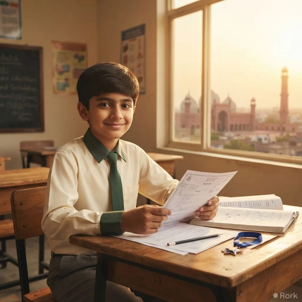AI-generated illustration: Lahore's 10-year-old Musa Bin Umar tops eight O-Level subjects with A+ Biology.