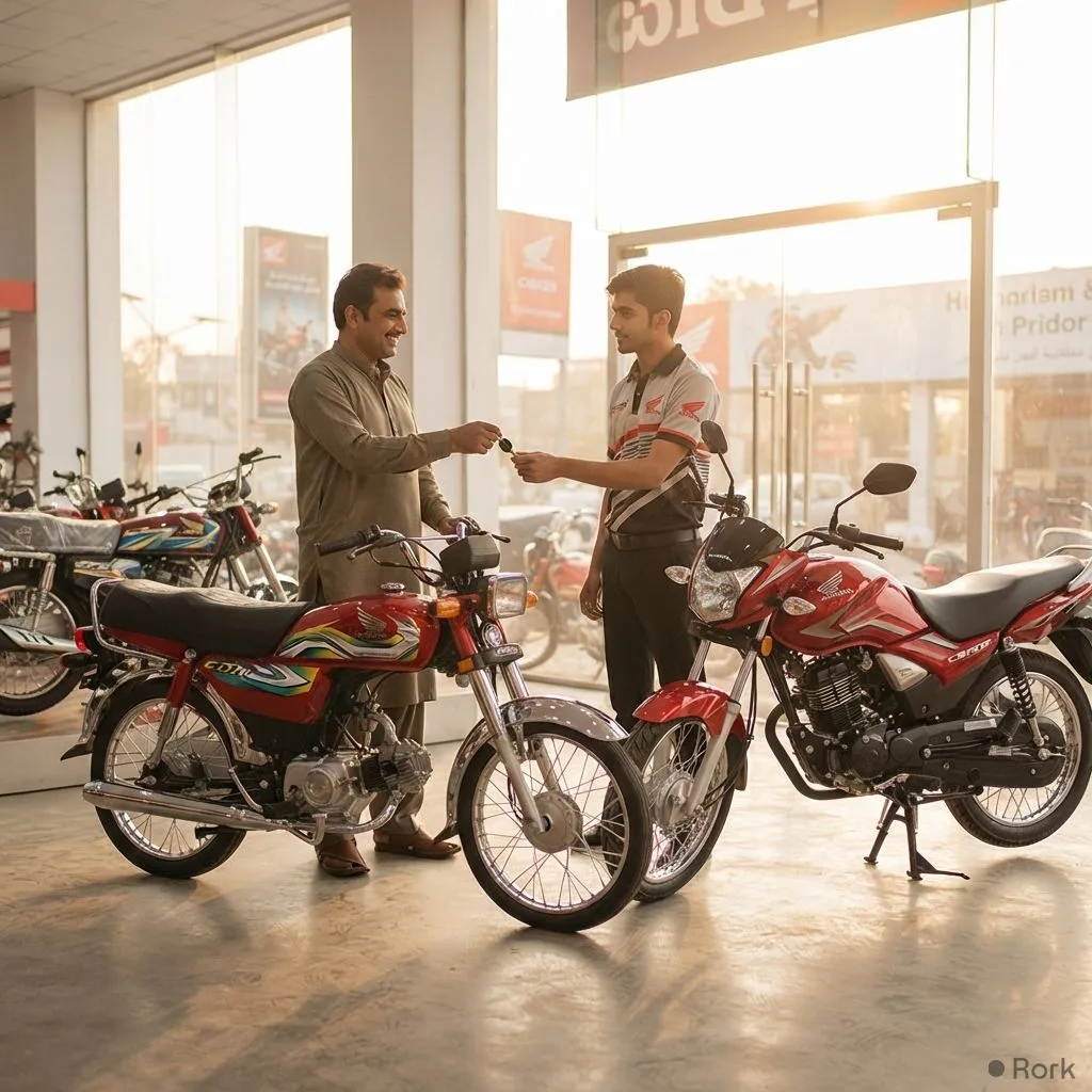 AI-generated illustration: Atlas Honda Announces Exchange Offer for Old CD70 Owners to Upgrade Bikes.