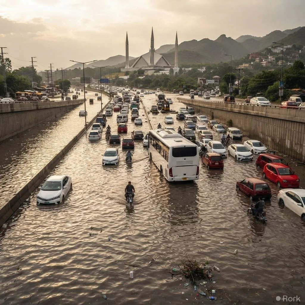 AI-generated illustration: Heavy rain floods Rawalpindi, Islamabad roads and underpasses, disrupting city traffic