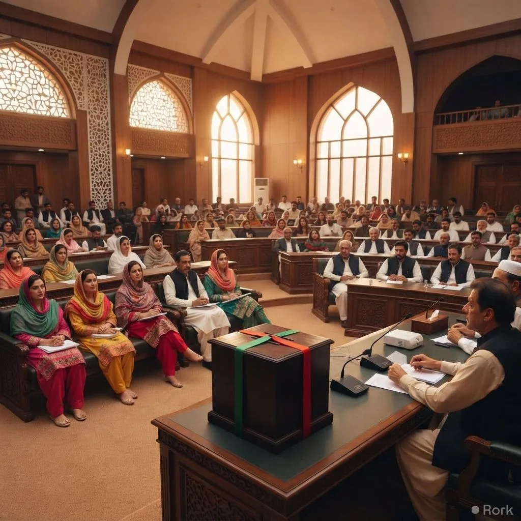 AI-generated illustration: PML-N Wins Six of Eight AJK Reserved Seats, PPP Takes Two Women's Seats.