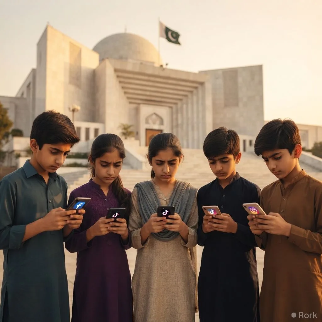 AI-generated illustration: Islamabad High Court Petition Seeks Ban on Facebook, TikTok, Instagram for Users Under 16