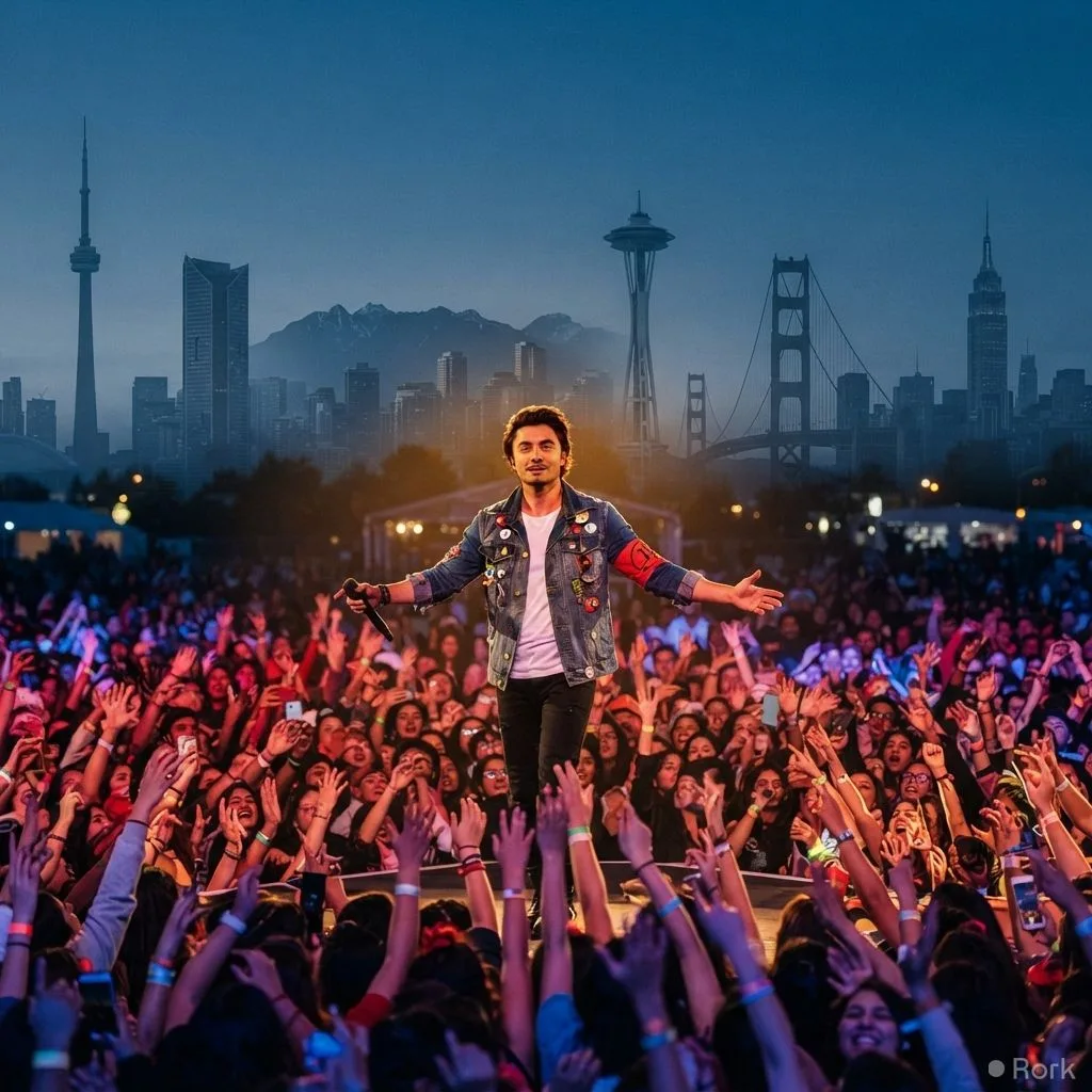 AI-generated illustration: Ali Zafar’s Roshni Tour Surpasses 75,000 Attendees Across Seven U.S. and Canadian Cities.