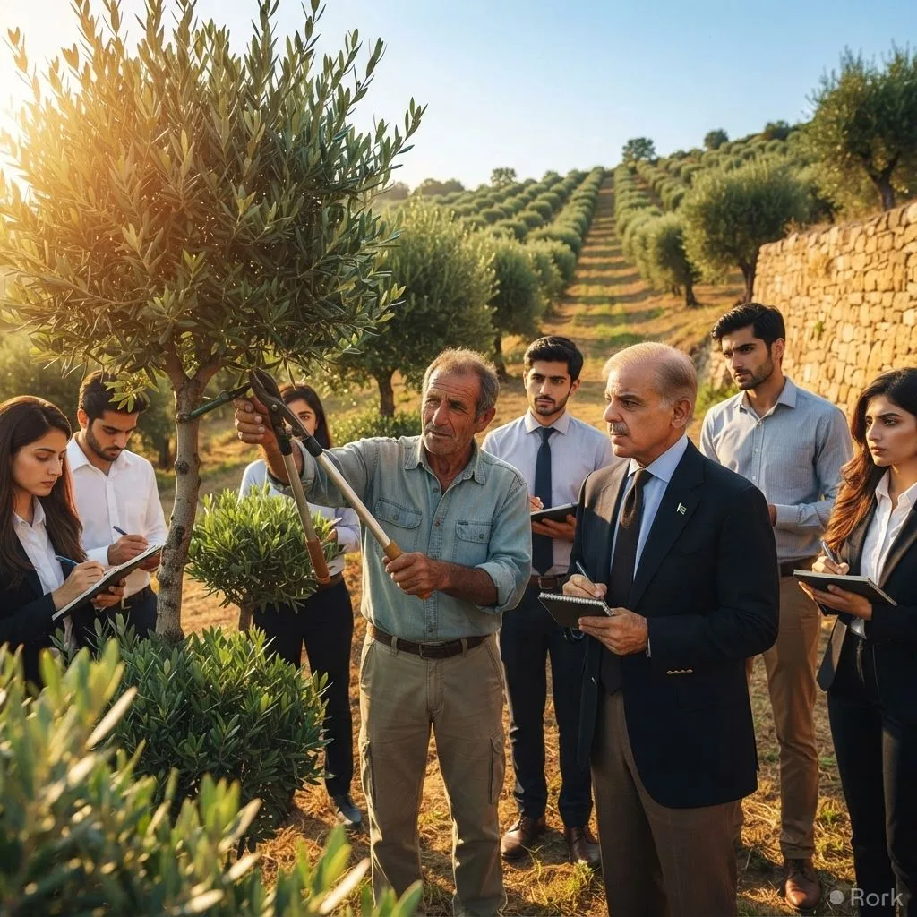 AI-generated illustration: PM Shehbaz Sharif to Send 100 Young Agricultural Graduates to Italy for Olive Production Training