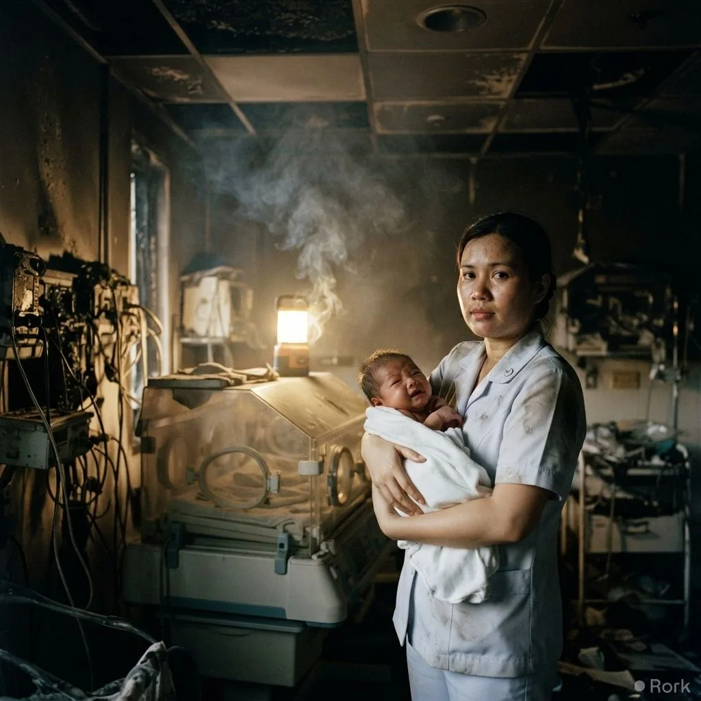AI-generated illustration: Only newborn survivor rescued from PIMS fire in Islamabad that killed 14 infants as staff fled