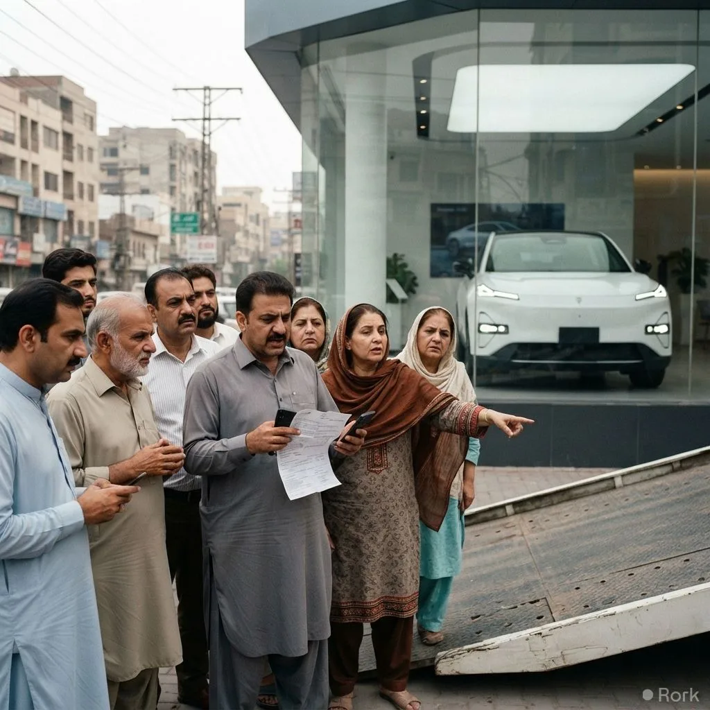 AI-generated illustration: Deepal S05 buyers in Pakistan report delivery delays and unresponsive staff.