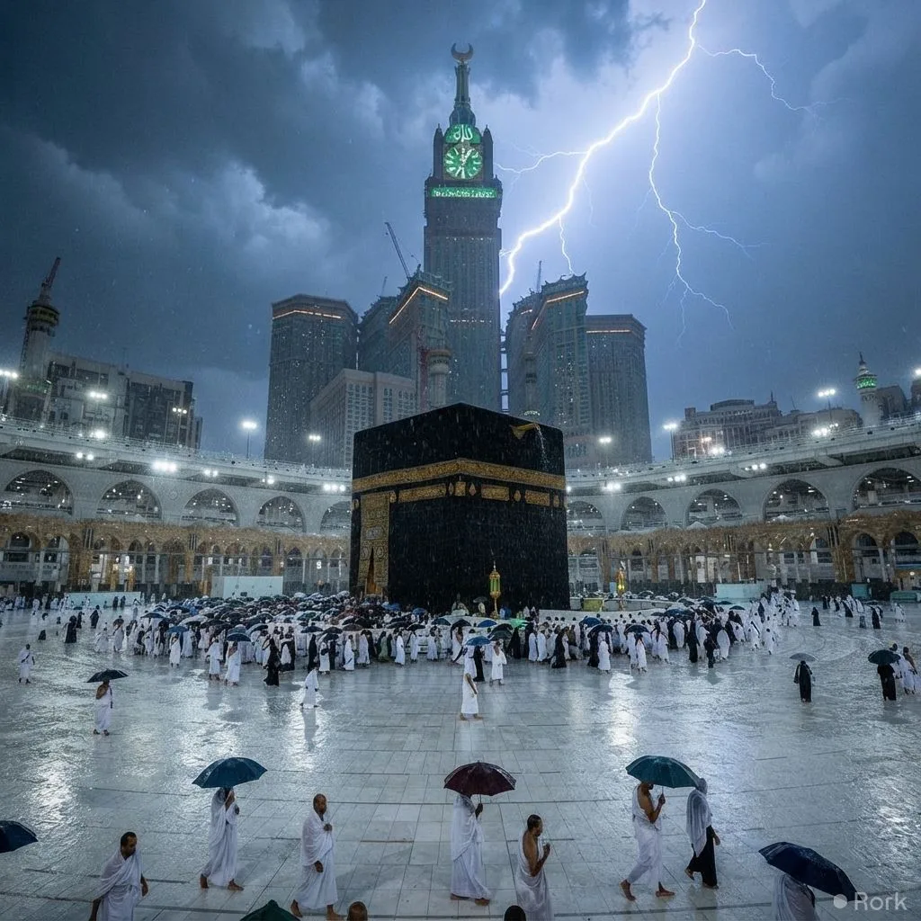 AI-generated illustration: Pilgrims Continue Tawaf in Makkah Despite Rain and Lightning Strike on Clock Tower.