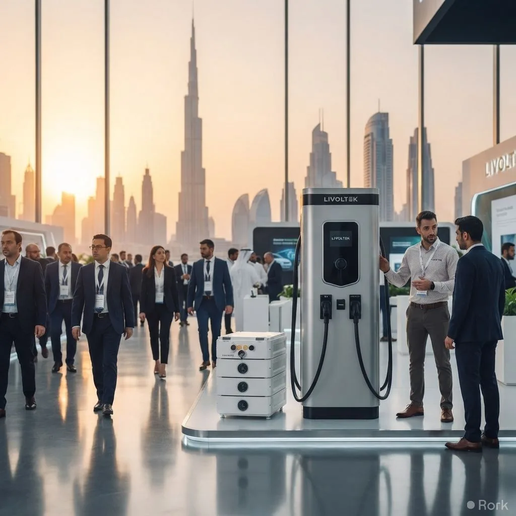 AI-generated illustration: LIVOLTEK to Launch EV Chargers at Booth H7C30, Dubai's Middle East Energy Expo 2026.