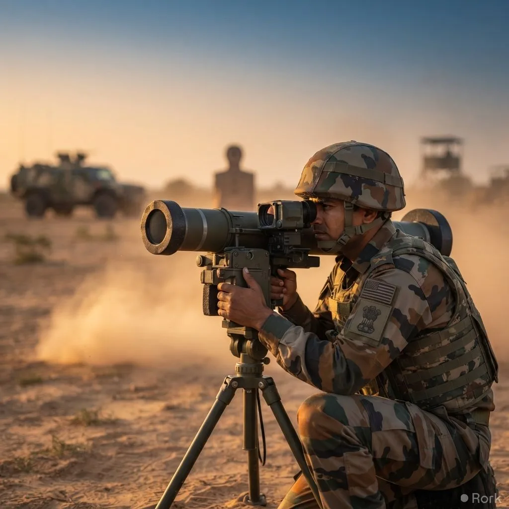 AI-generated illustration: India signs defence agreement with US to acquire Javelin anti-tank missile systems.