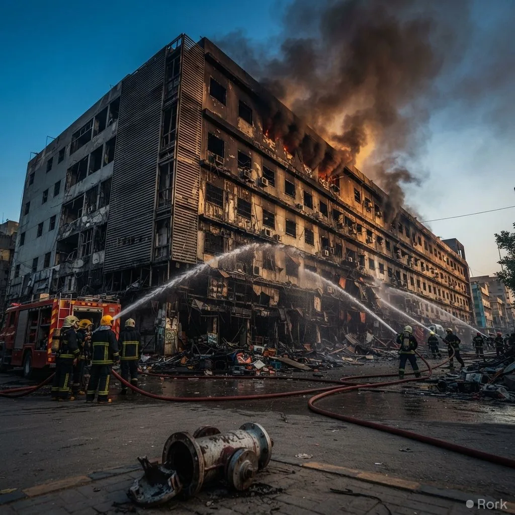 AI-generated illustration: Gul Plaza management ignored 2024-25 Civil Defence fire safety warnings before inferno