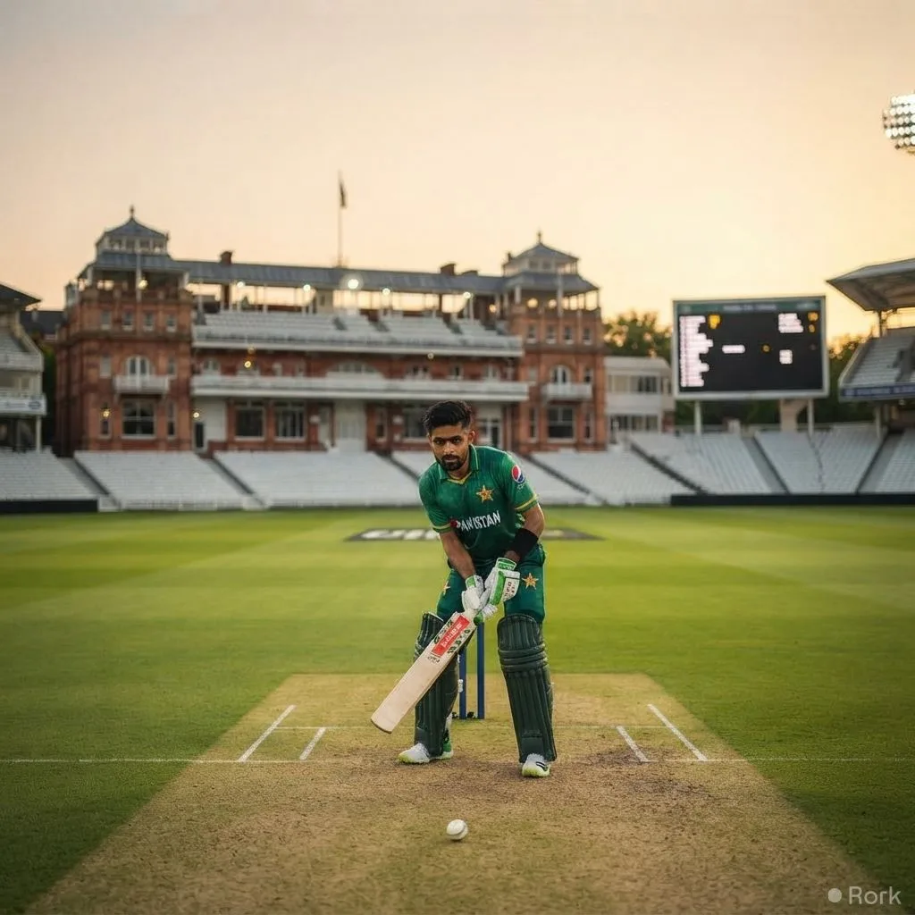 AI-generated illustration: Pakistan faces a 389‑run chase at Lord’s as Babar Azam’s innings falls short