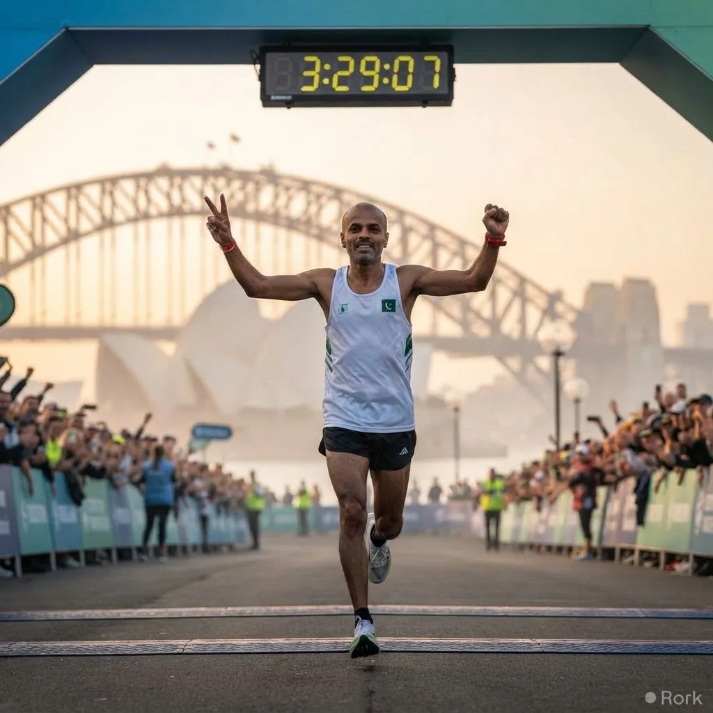 AI-generated illustration: Danish Elahi clocks 3:29:07 at Sydney Marathon, becoming fastest Pakistani runner ever