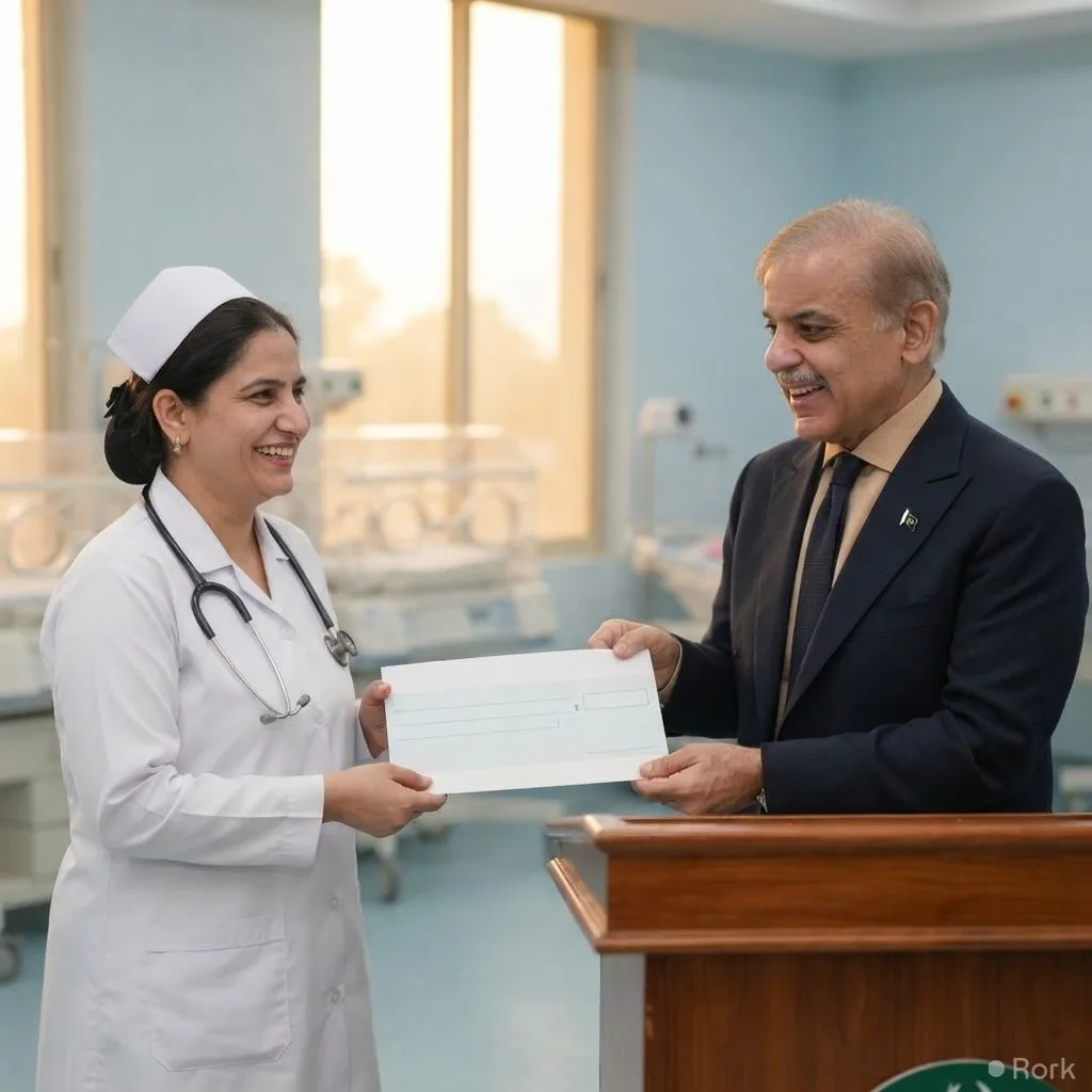 AI-generated illustration: PM Shehbaz Sharif Grants Rs10 Million to Nurse Razia Noreen for PIMS Fire Heroism