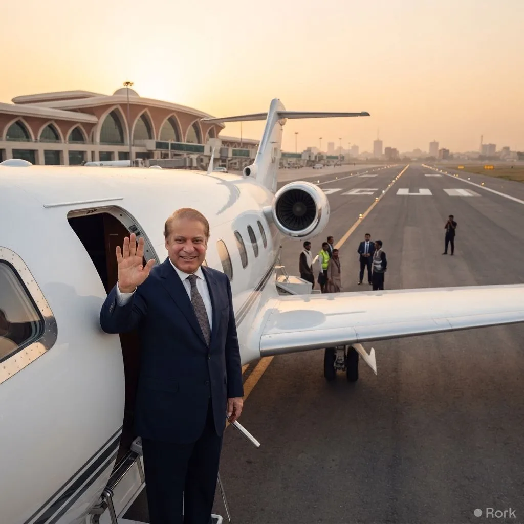 AI-generated illustration: Former PM Nawaz Sharif flies to Singapore for a four‑day medical treatment, accompanied by his sons