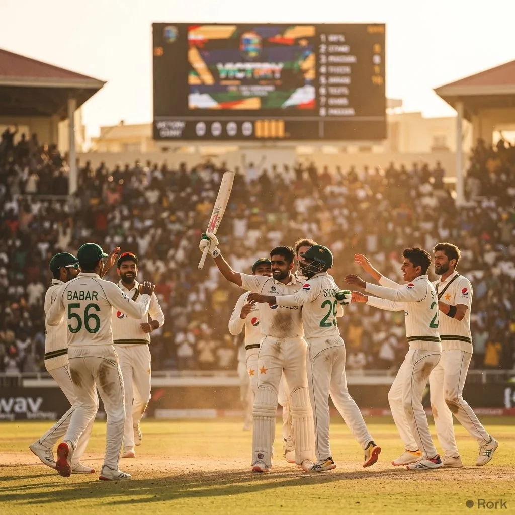 AI-generated illustration: Pakistan Secures Only Their First Away Test Win in 11 Attempts, Defeating West Indies in Port of Spain
