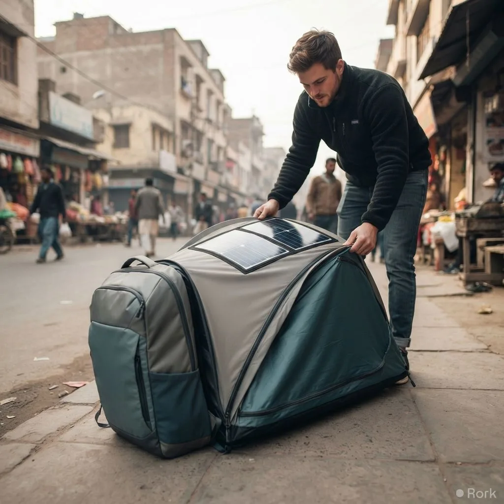 AI-generated illustration: German startup launches solar‑powered backpack that folds into an insulated portable bed for the homeless