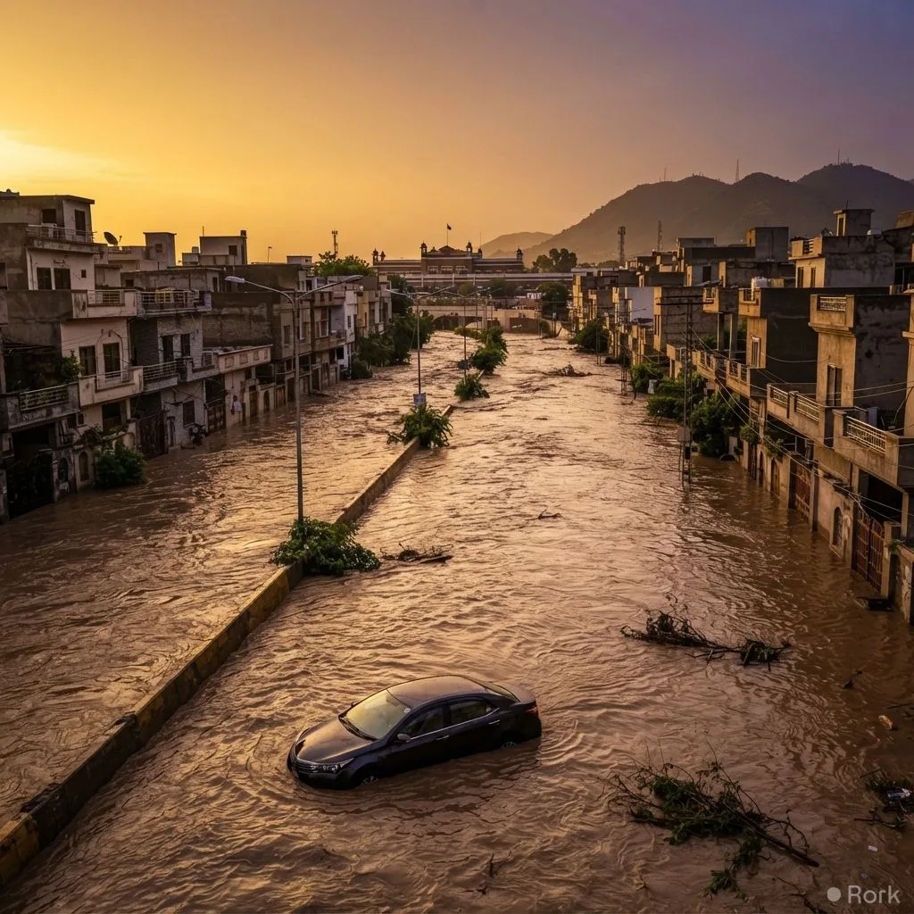 AI-generated illustration: Heavy rain pushes Lai Nullah water levels above danger, flooding low‑lying areas of Rawalpindi and Islamabad