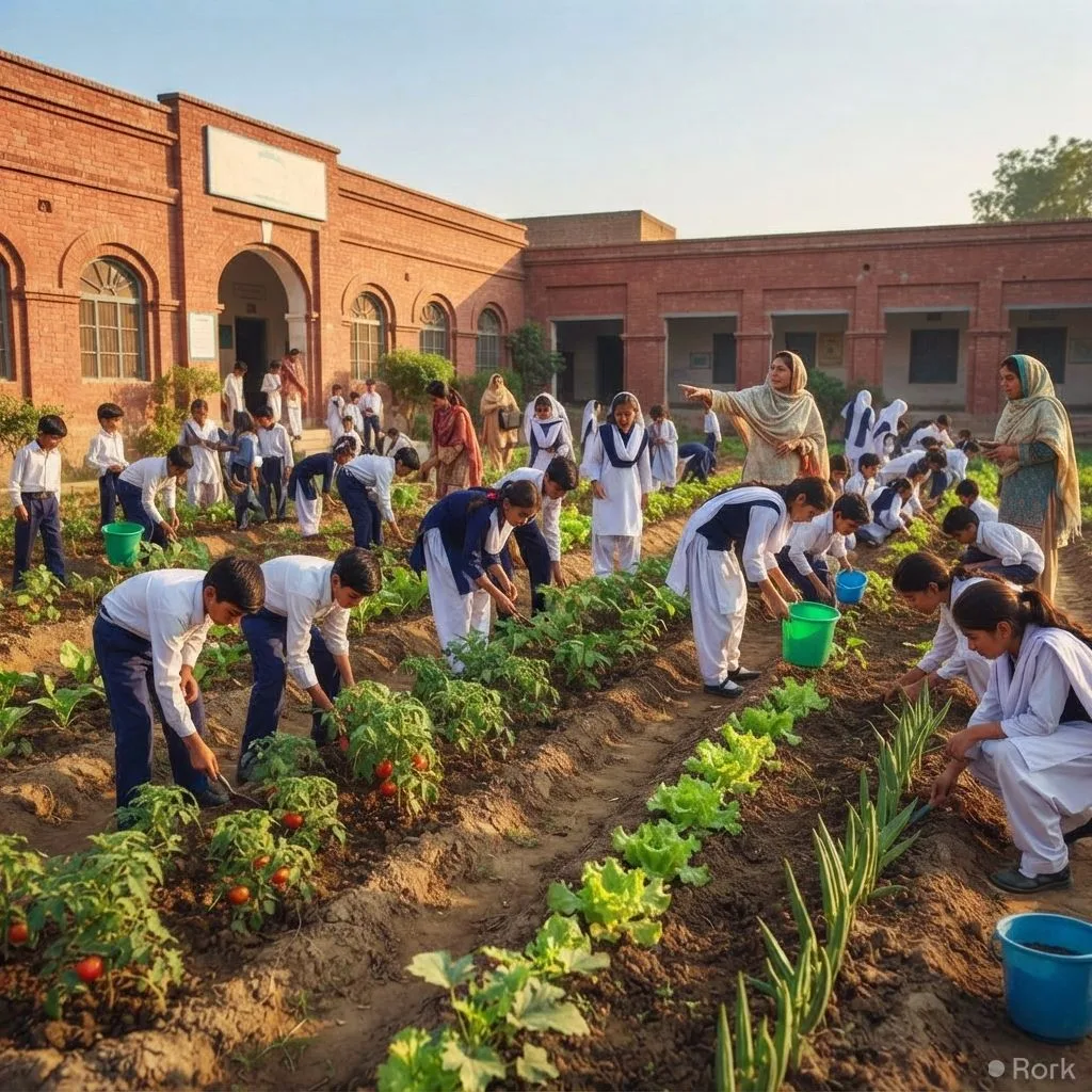 AI-generated illustration: Punjab orders Muzaffargarh schools to plant seasonal vegetables on campus