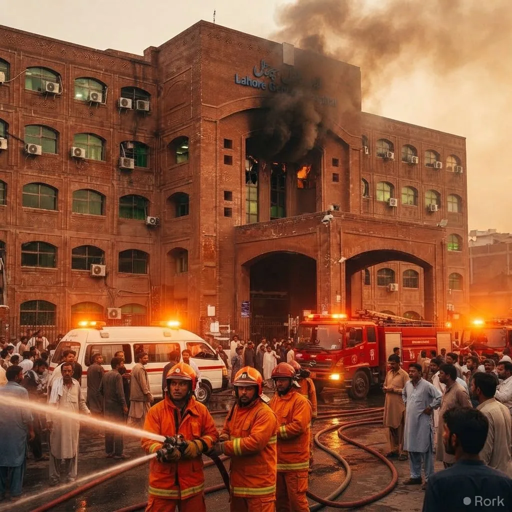 AI-generated illustration: Fire erupts in Lahore General Hospital's gynecology ward, prompting evacuation of 70 patients and staff