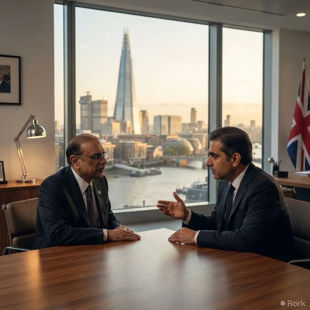 AI-generated illustration: President Zardari meets Interior Minister Naqvi in London for hour‑long discussion on national issues