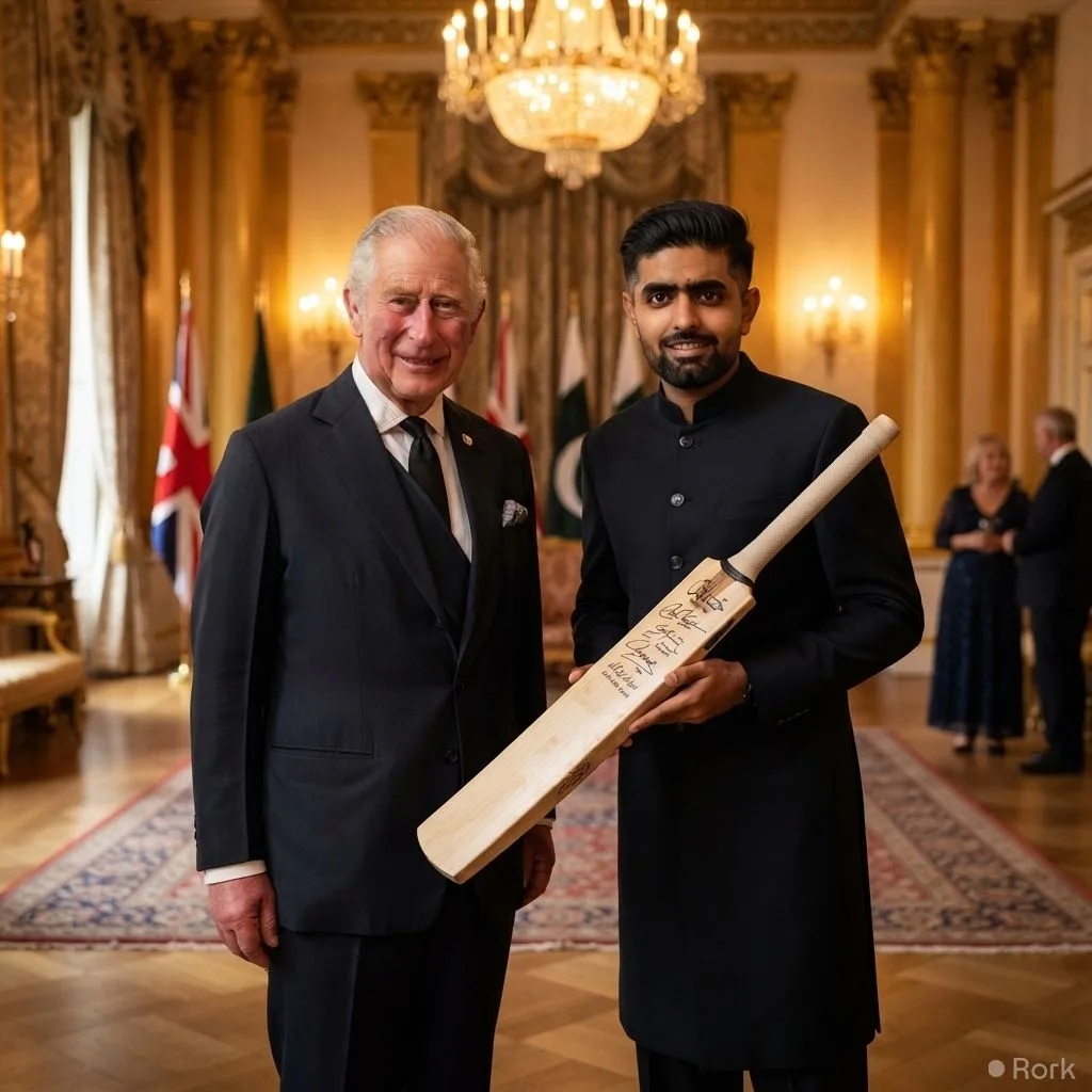 AI-generated illustration: Babar Azam Presents King Charles with Pakistan Team‑Signed Cricket Bat