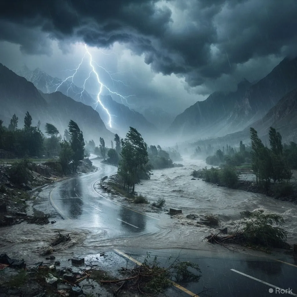 AI-generated illustration: NDMA warns Hunza to Skardu of severe floods and thunderstorms over the next 72 hours