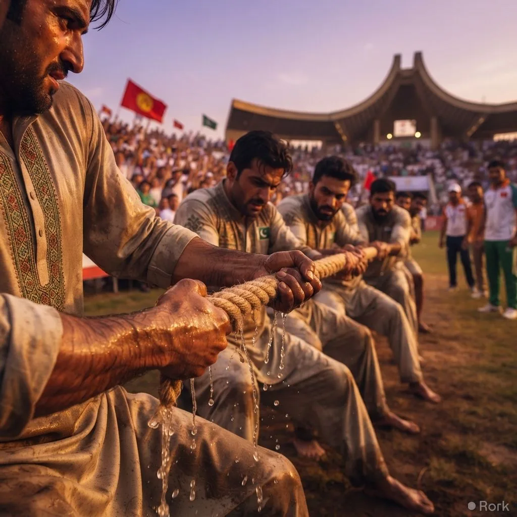 AI-generated illustration: Pakistan defeats India and Kyrgyzstan in tug‑of‑war at 2026 World Nomad Games