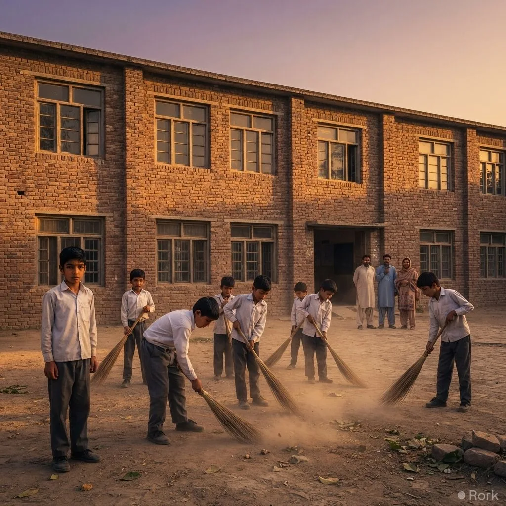 AI-generated illustration: Five teachers suspended after surprise inspection finds Peshawar students forced to clean school premises