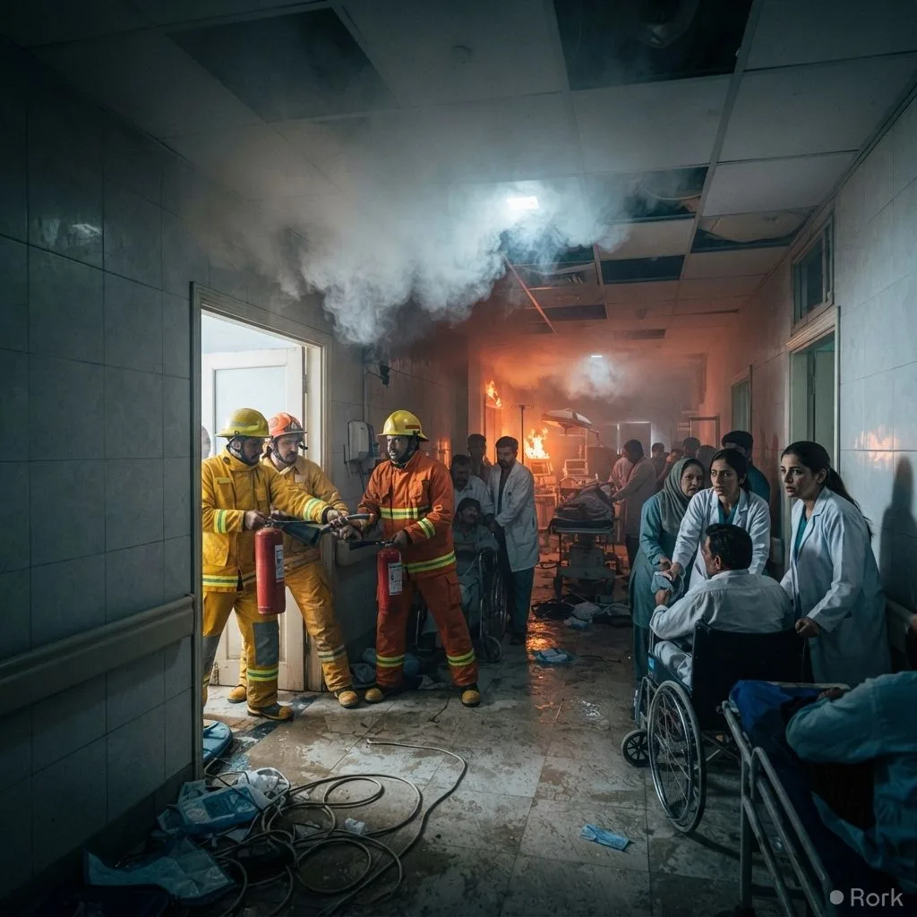 AI-generated illustration: Fire breaks out in Shaikh Zayed Hospital's operation theater in Rahim Yar Khan