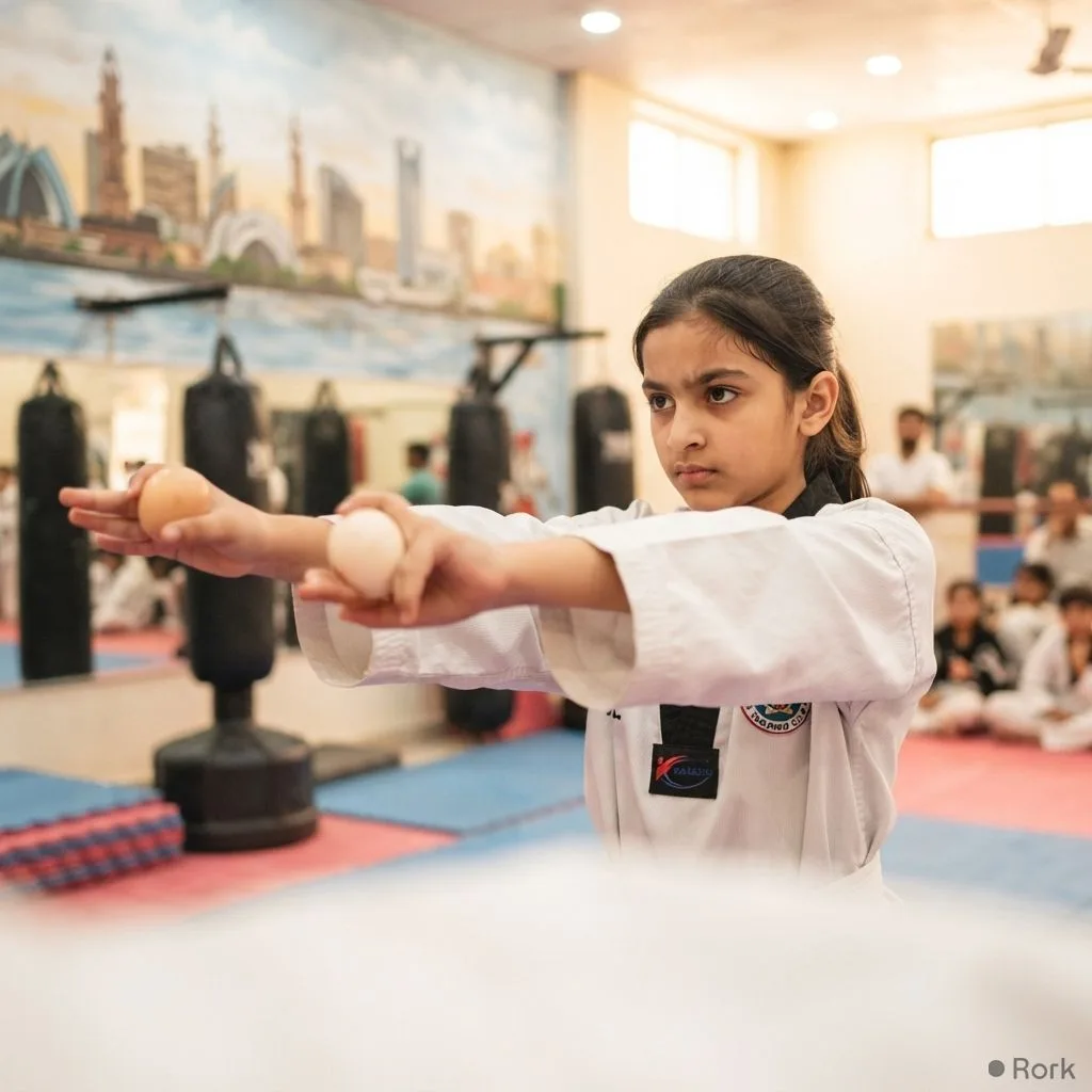AI-generated illustration: 12‑Year‑Old Fatima Naseem Sets Guinness Record with 340 Punches While Holding Two Eggs in Karachi
