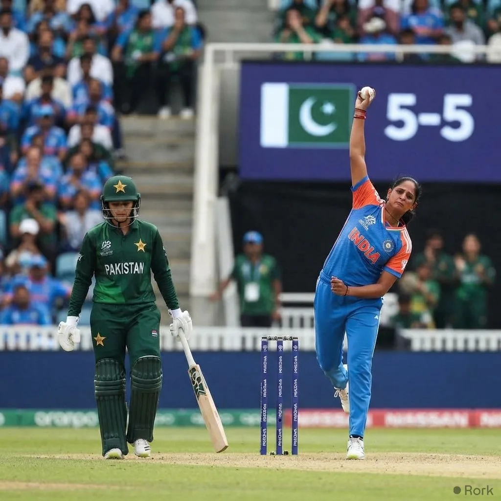 AI-generated illustration: India bowls out Pakistan Women for 55 runs, their lowest-ever T20I total