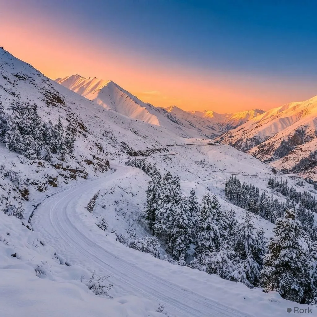 AI-generated illustration: Season’s first snowfall blankets Babusar Top, turning the mountain pass white
