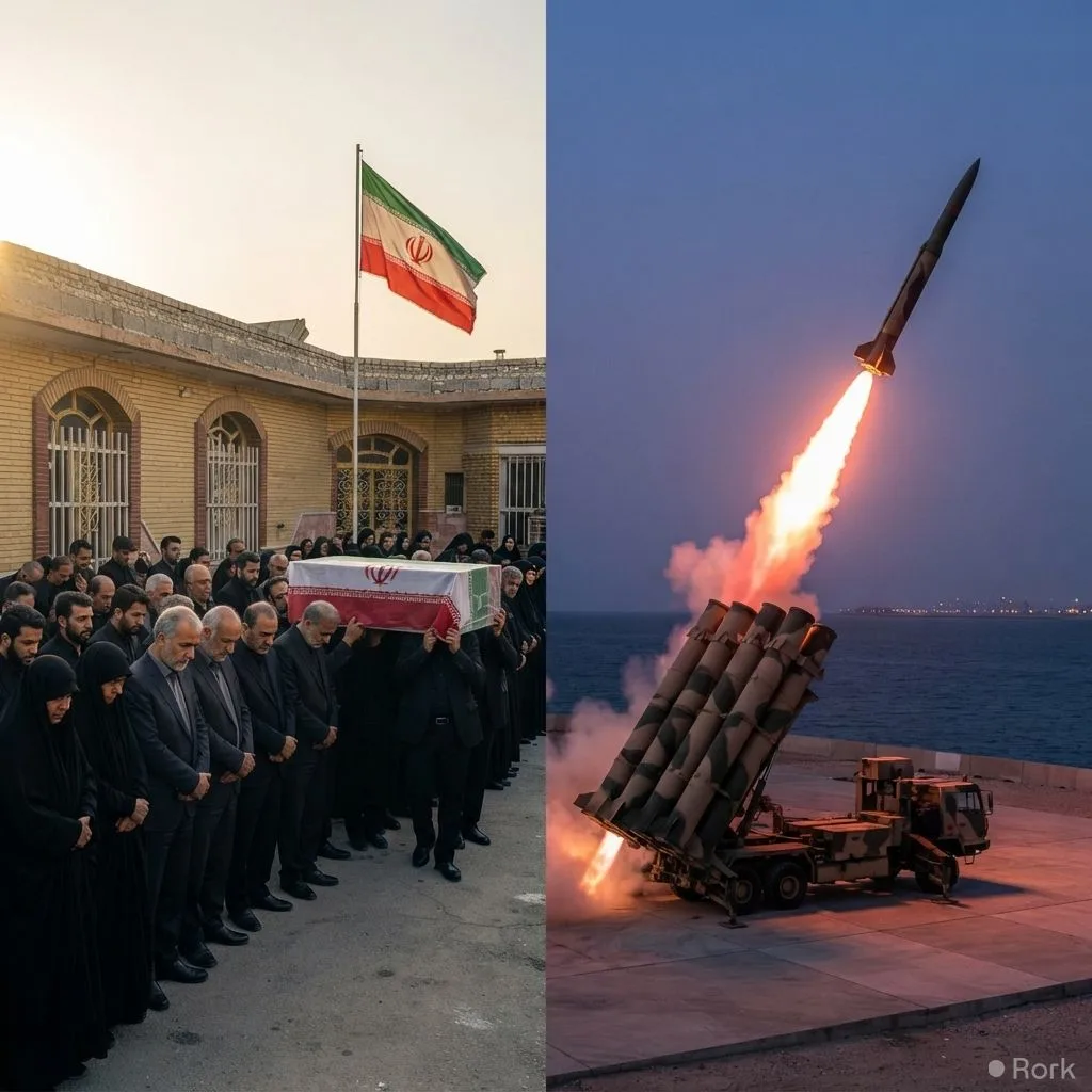 AI-generated illustration: Iran buries wedding attack victims as Tehran launches missiles at Kuwait in retaliation