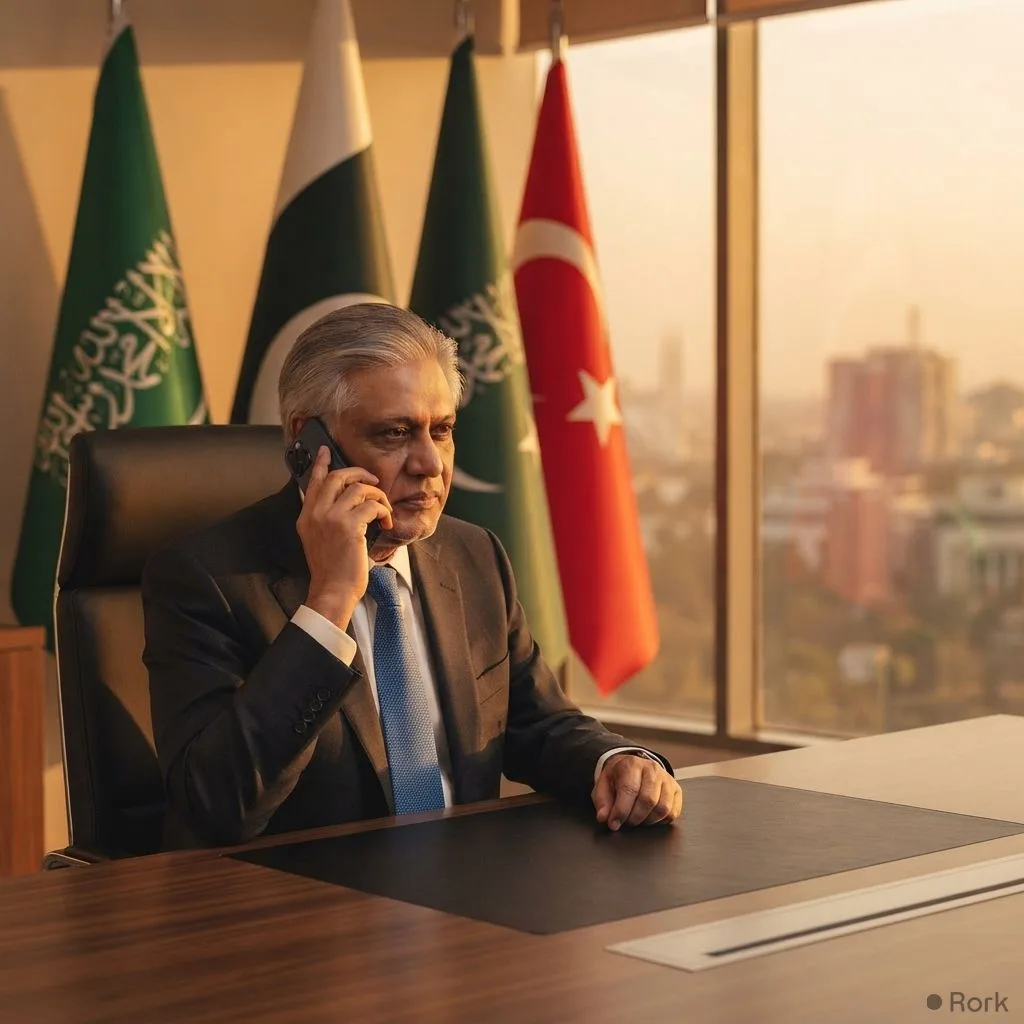 AI-generated illustration: Ishaq Dar holds separate talks with Saudi and Turkish foreign ministers on Makkah defence pact