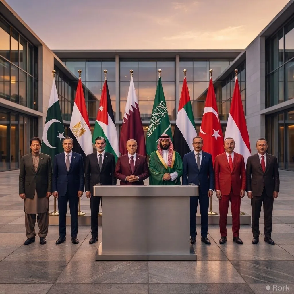 AI-generated illustration: Pakistan and seven Muslim nations reject any forced displacement of Palestinians from Gaza
