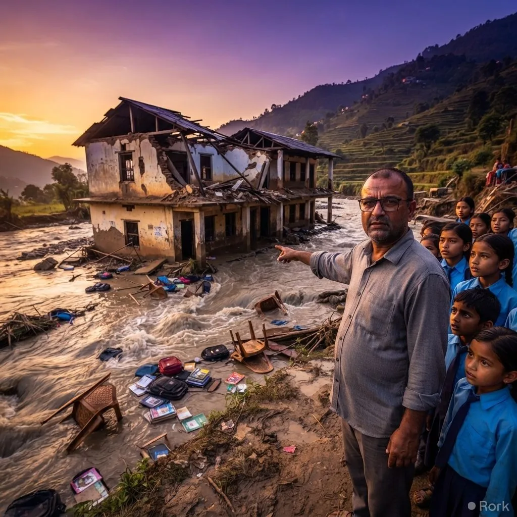 AI-generated illustration: Principal Rajendra Dawadi Evacuates 900 Students Before Nepal Flood Destroys School