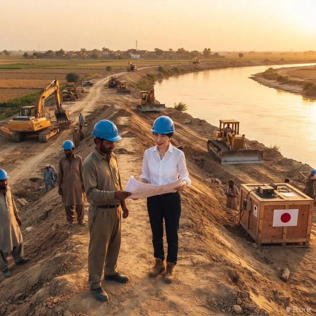 AI-generated illustration: Japan pledges $16.4 million grant to upgrade Sindh's Indus River flood defenses