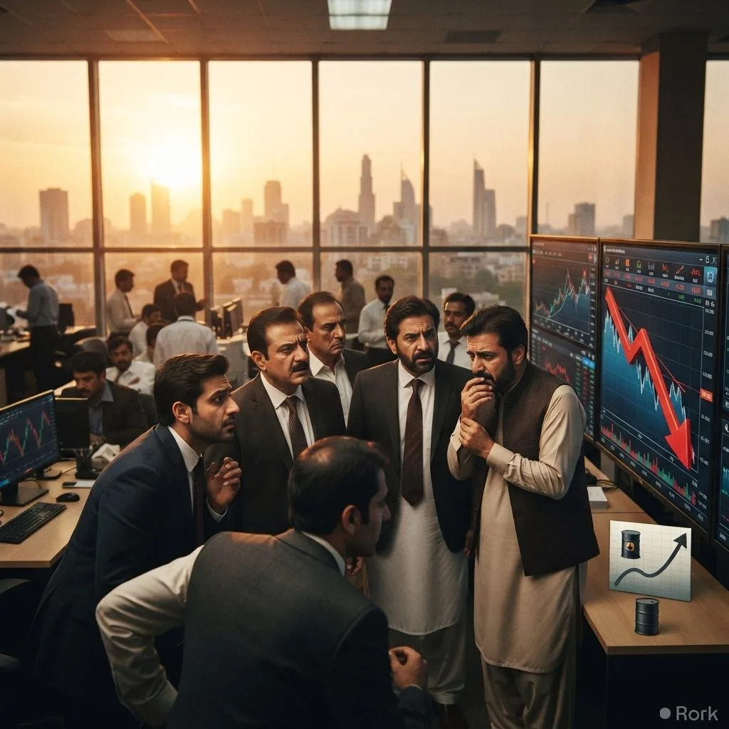 AI-generated illustration: KSE‑100 Slides 3,078 Points to 168,865 Amid Oil Surge and US‑Iran Tensions