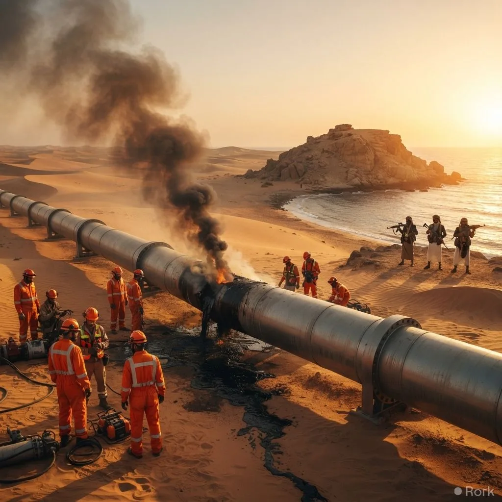 AI-generated illustration: Saudi Arabia shuts 1,200‑km oil pipeline after Houthi attack as they seize Red Sea island